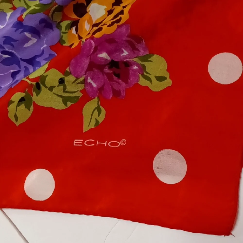 ECHO Silk Vintage Scarf Red White Polka Dot Floral